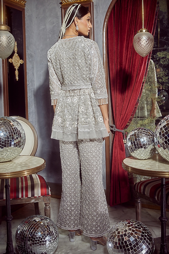 Grey Net Embellished Flared Pant Set by Devika Bhayana at Pernia's Pop Up Shop