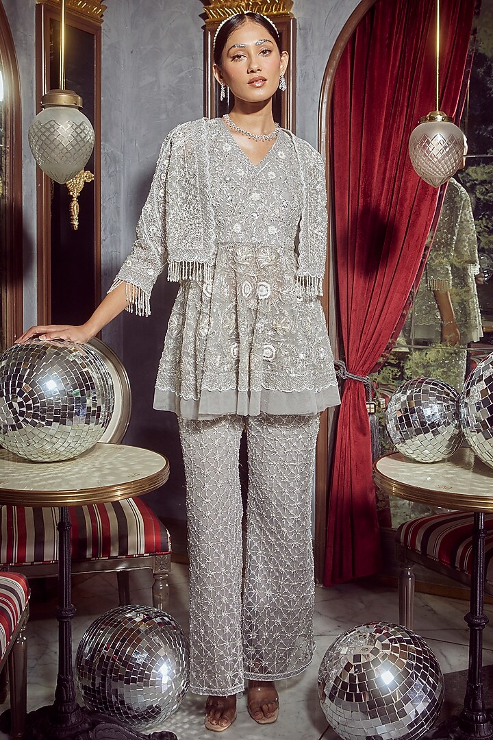 Grey Net Embellished Flared Pant Set by Devika Bhayana at Pernia's Pop Up Shop