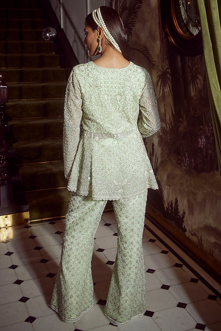 Mint Green Net Embellished Flared Pant Set by Devika Bhayana at Pernia's Pop Up Shop