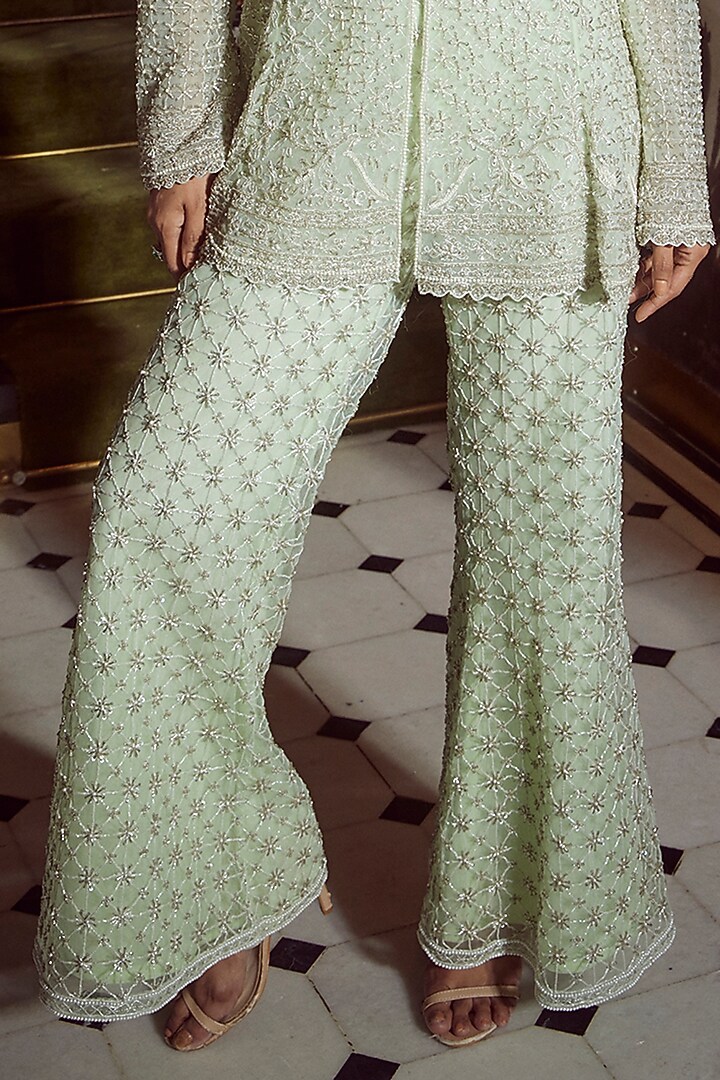 Mint Green Net Embellished Flared Pant Set by Devika Bhayana at Pernia's Pop Up Shop