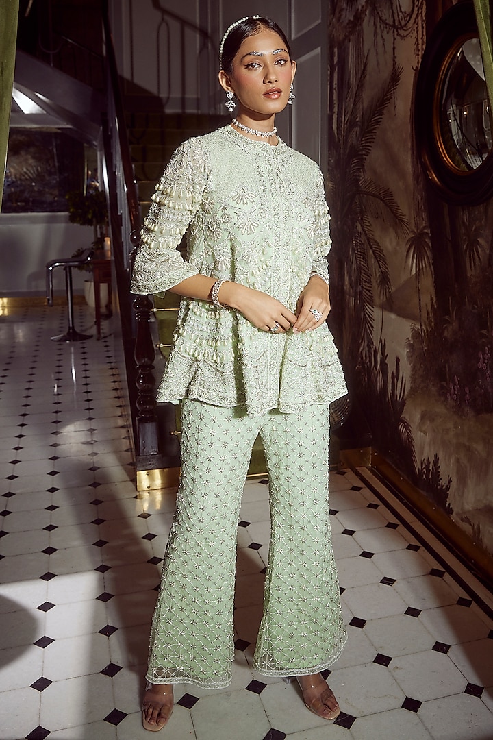 Mint Green Net Embellished Flared Pant Set by Devika Bhayana at Pernia's Pop Up Shop