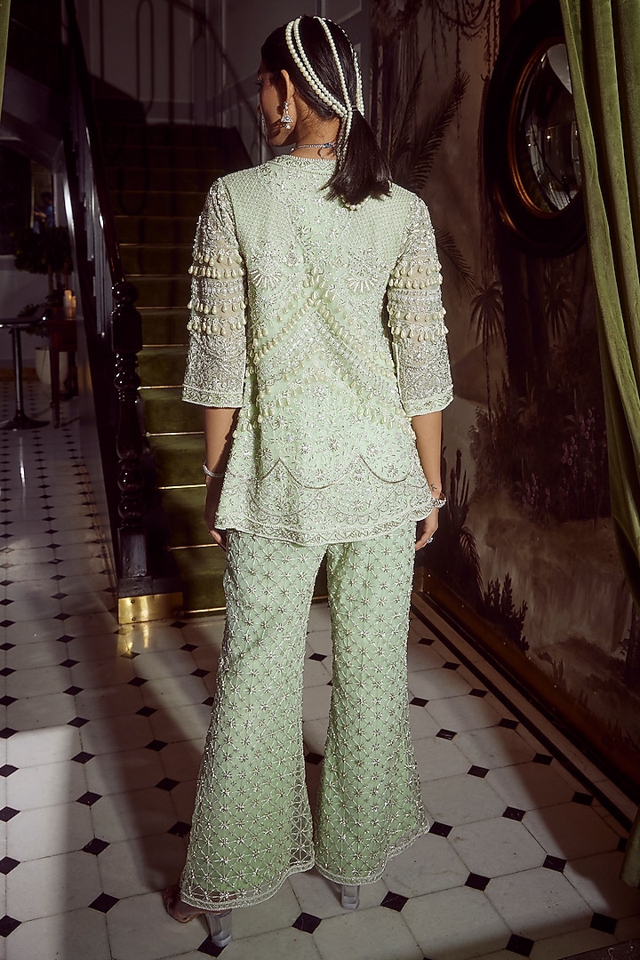 Mint Green Net Embellished Flared Pant Set by Devika Bhayana at Pernia's Pop Up Shop