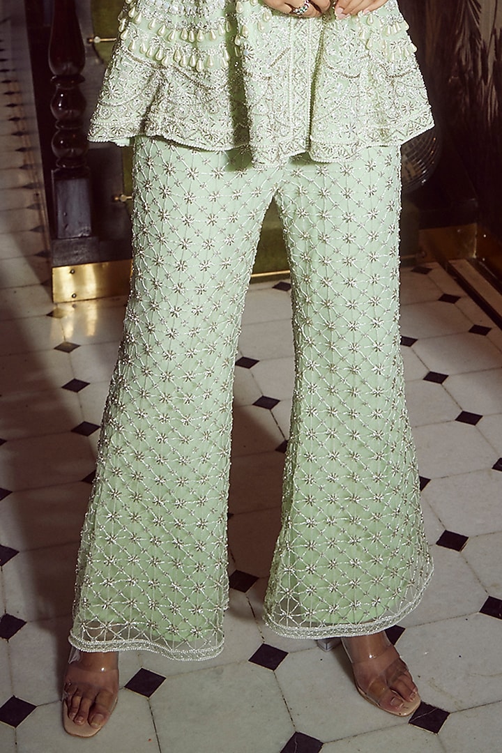 Mint Green Net Embellished Flared Pant Set by Devika Bhayana at Pernia's Pop Up Shop