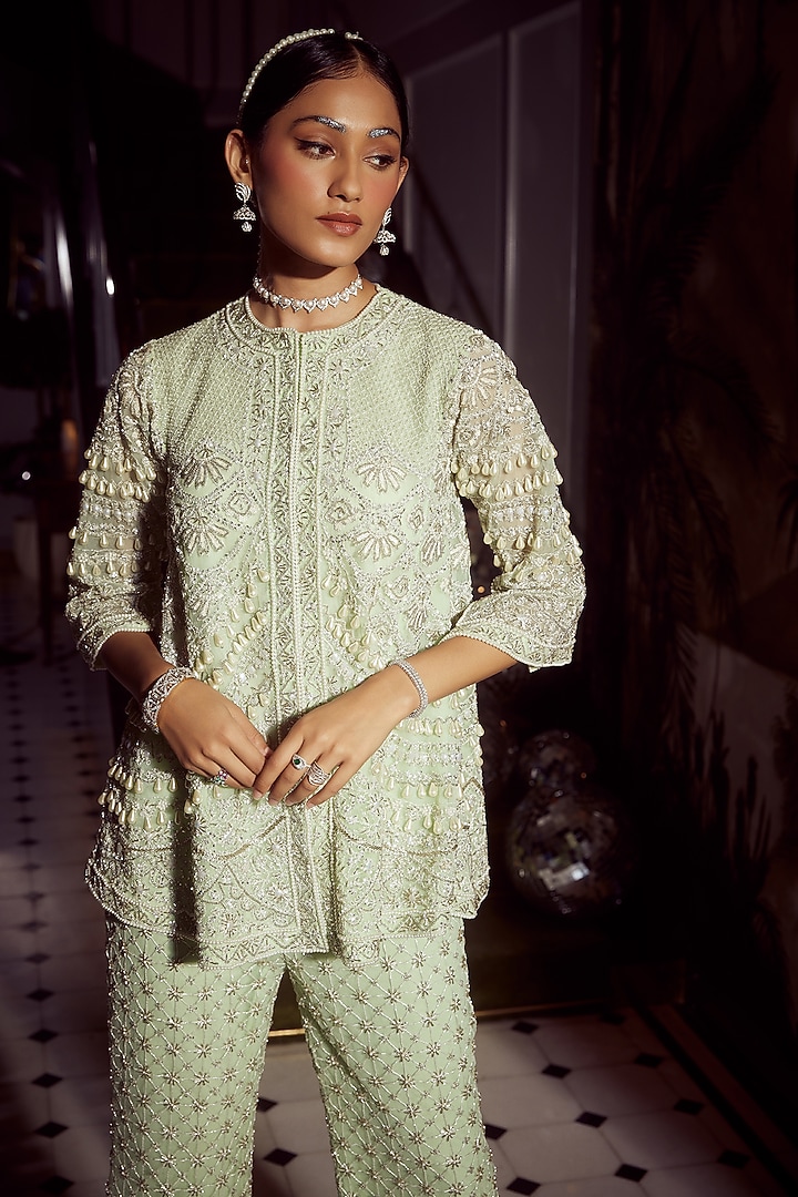 Mint Green Net Embellished Flared Pant Set by Devika Bhayana at Pernia's Pop Up Shop