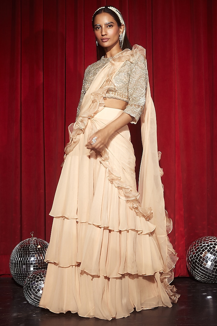 Nude Georgette & Organza Pre-Draped Tiered Saree Set by Devika Bhayana at Pernia's Pop Up Shop