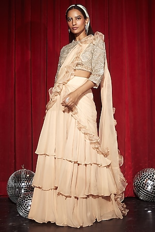 Nude Georgette & Organza Pre-Draped Tiered Saree Set by Devika Bhayana