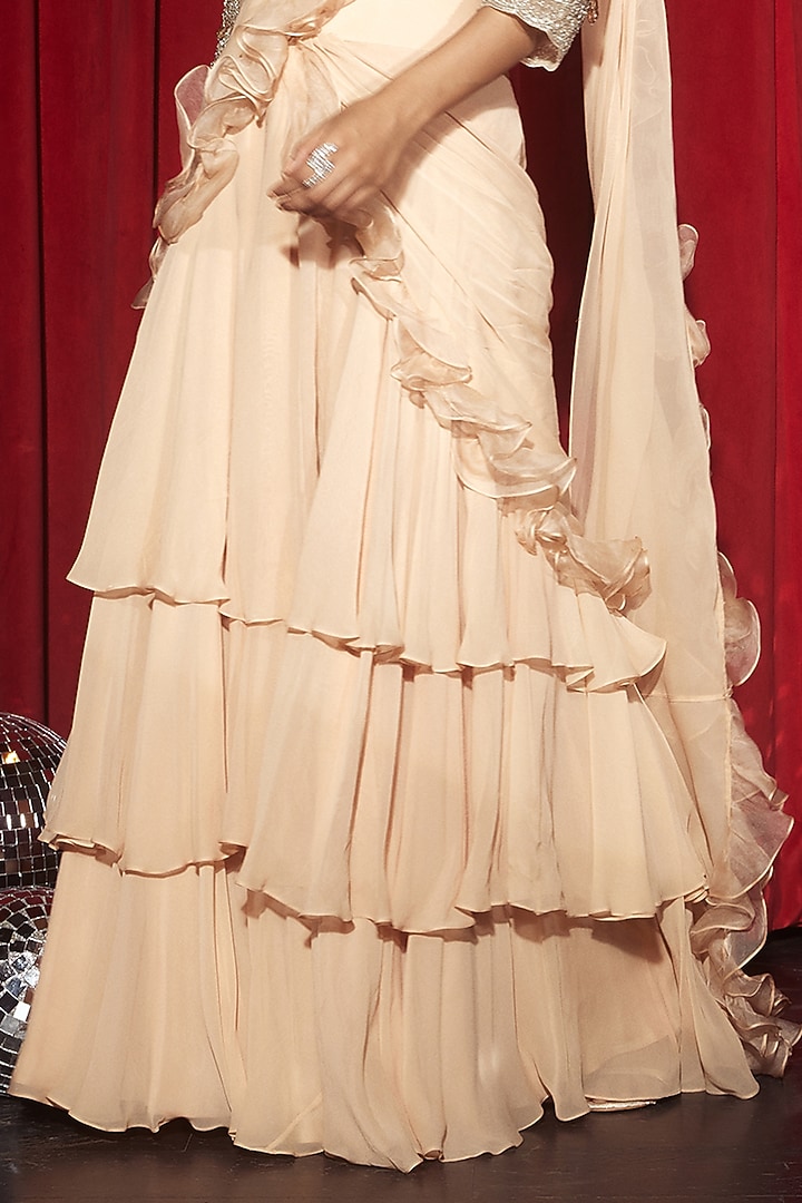 Nude Georgette & Organza Pre-Draped Tiered Wedding Saree Set by Devika Bhayana at Pernia's Pop Up Shop