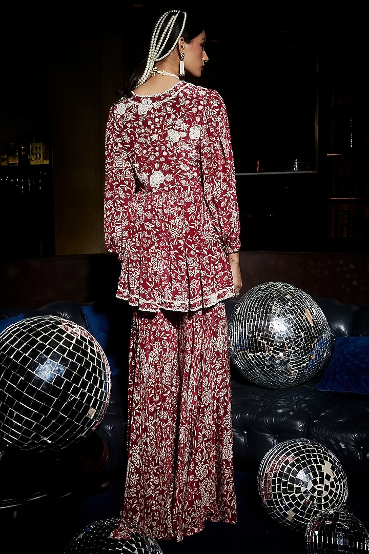 Red Crepe Printed Wedding Sharara Set by Devika Bhayana at Pernia's Pop Up Shop