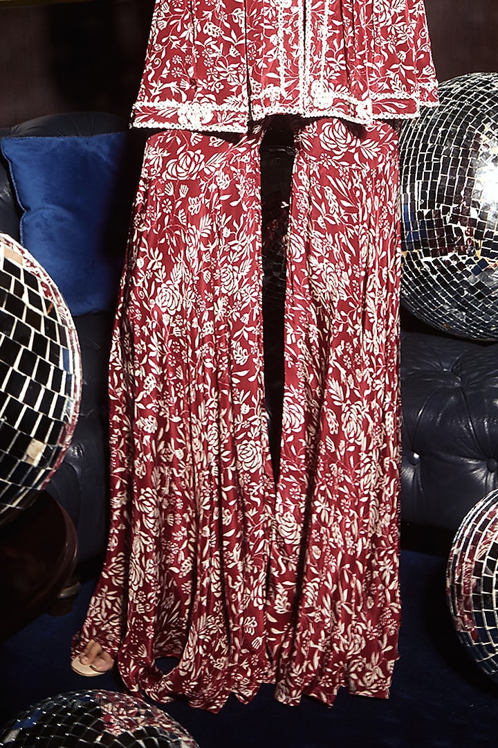 Red Crepe Printed Wedding Sharara Set by Devika Bhayana at Pernia's Pop Up Shop