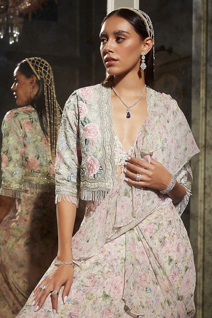 Ivory Chiffon Floral Printed Pre-Draped Reception Saree Set by Devika Bhayana at Pernia's Pop Up Shop