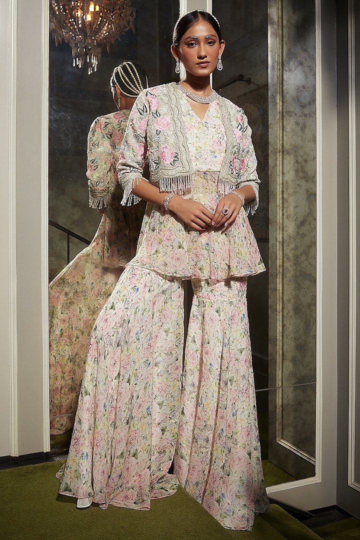 Ivory Chiffon Floral Printed Sharara Set by Devika Bhayana at Pernia's Pop Up Shop