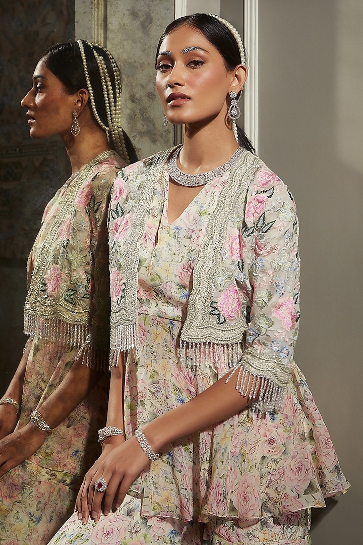 Ivory Chiffon Floral Printed Wedding Sharara Set by Devika Bhayana at Pernia's Pop Up Shop