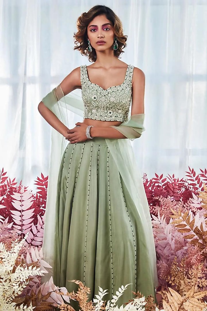 Pista Green Silk Pearl Embellished Wedding Lehenga Set by Devika Bhayana at Pernia's Pop Up Shop