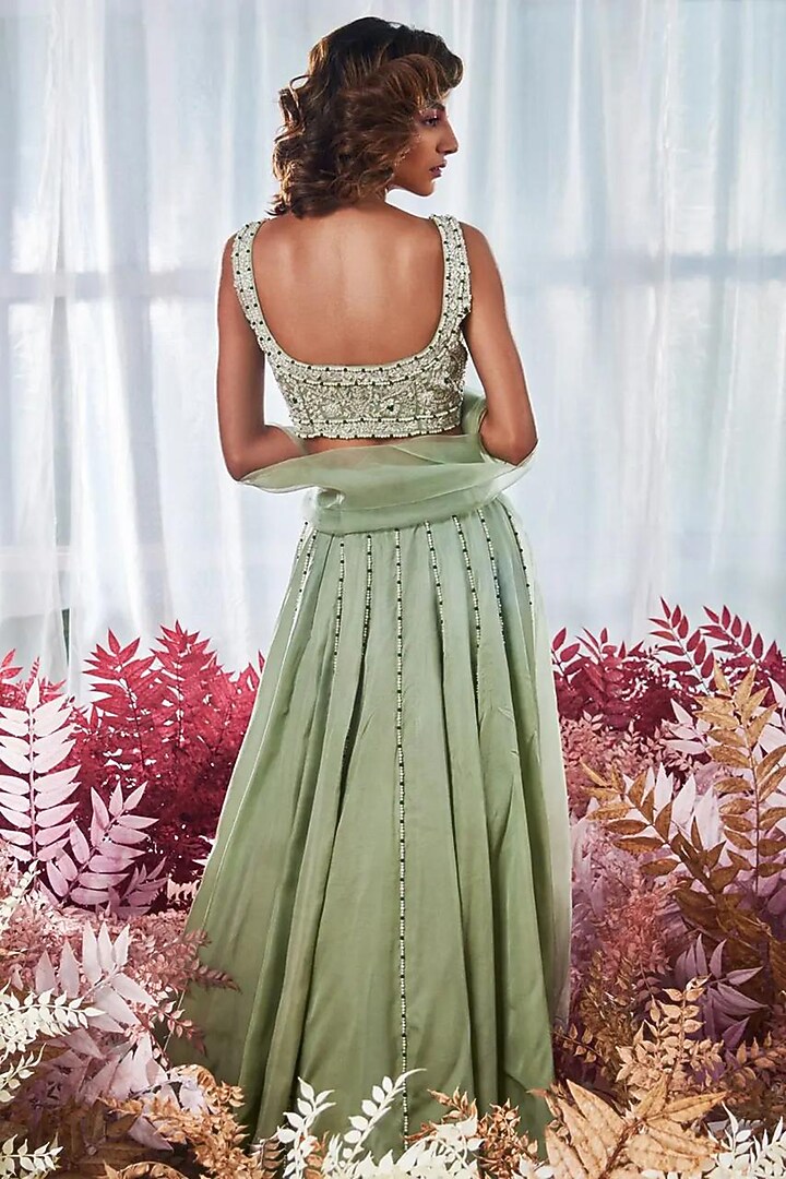 Pista Green Silk Pearl Embellished Wedding Lehenga Set by Devika Bhayana at Pernia's Pop Up Shop
