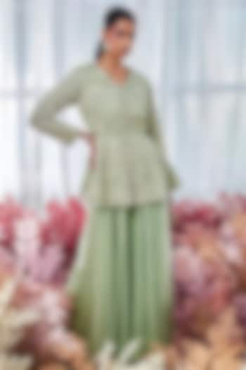 Pista Green Chiffon Flowy Sharara Set by Devika Bhayana at Pernia's Pop Up Shop