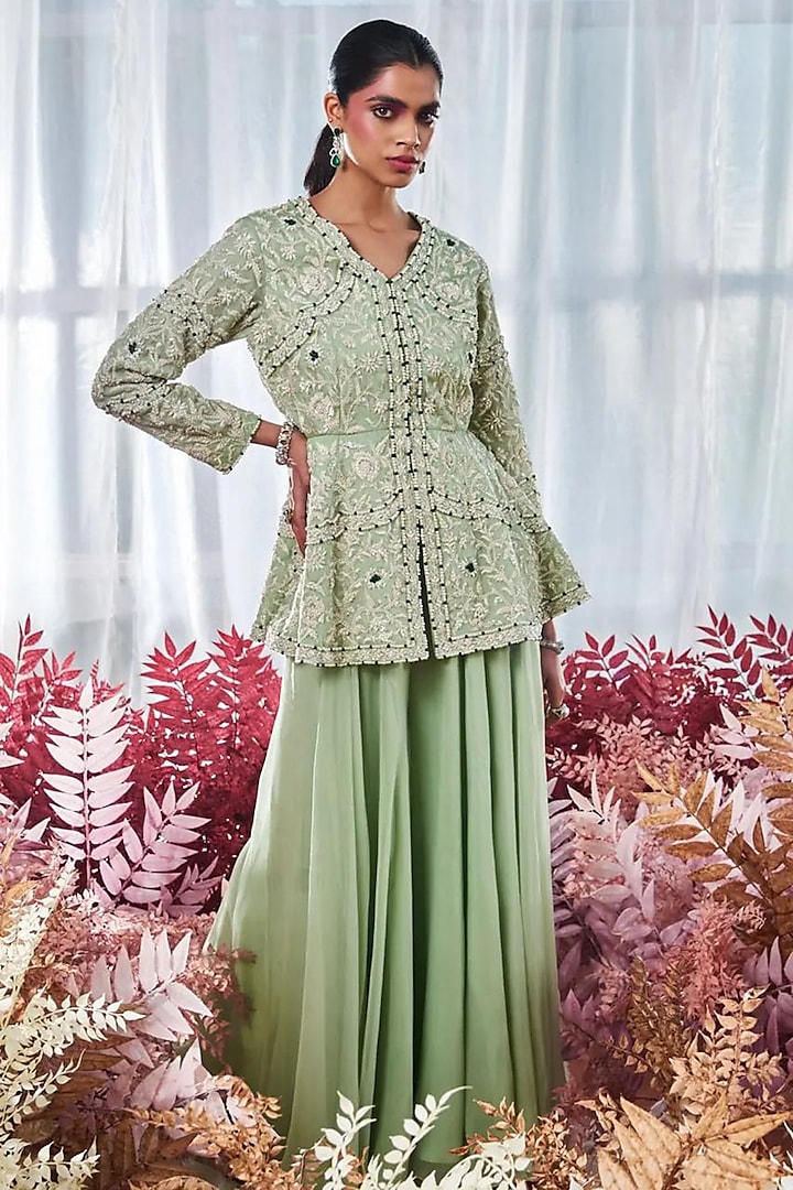 Pista Green Chiffon Flowy Sharara Set by Devika Bhayana at Pernia's Pop Up Shop