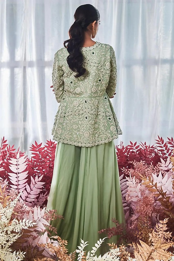 Pista Green Chiffon Flowy Bridal Sharara Set by Devika Bhayana at Pernia's Pop Up Shop