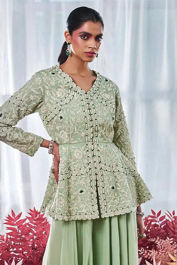 Pista Green Chiffon Flowy Bridal Sharara Set by Devika Bhayana at Pernia's Pop Up Shop