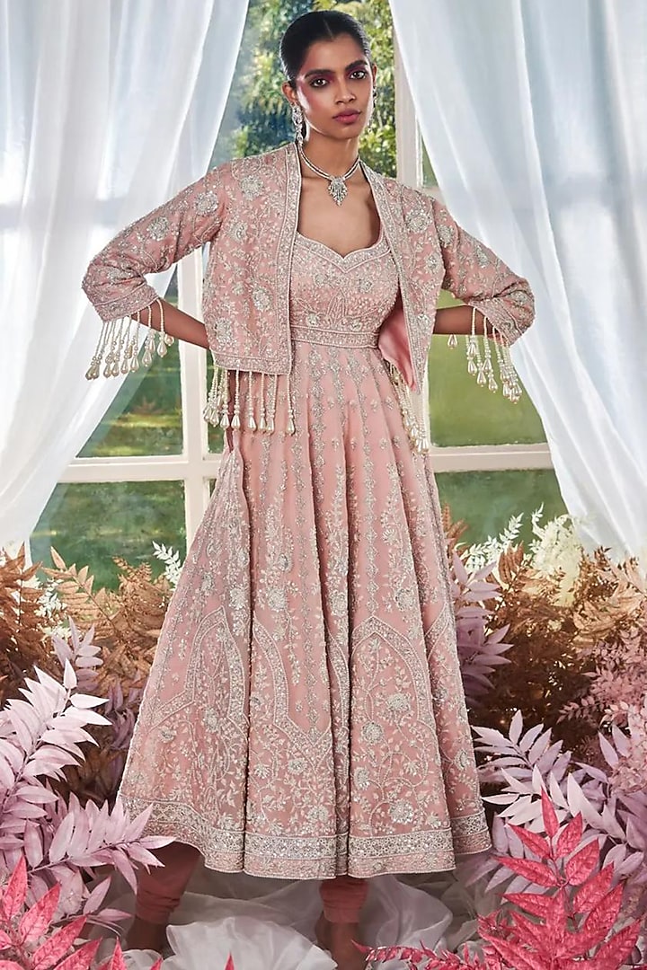 Peach Organza Thread Embroidered Anarkali WIth Jacket by Devika Bhayana at Pernia's Pop Up Shop