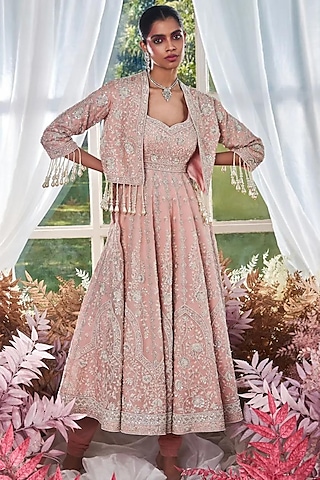 Peach Organza Thread Embroidered Anarkali WIth Jacket by Devika Bhayana