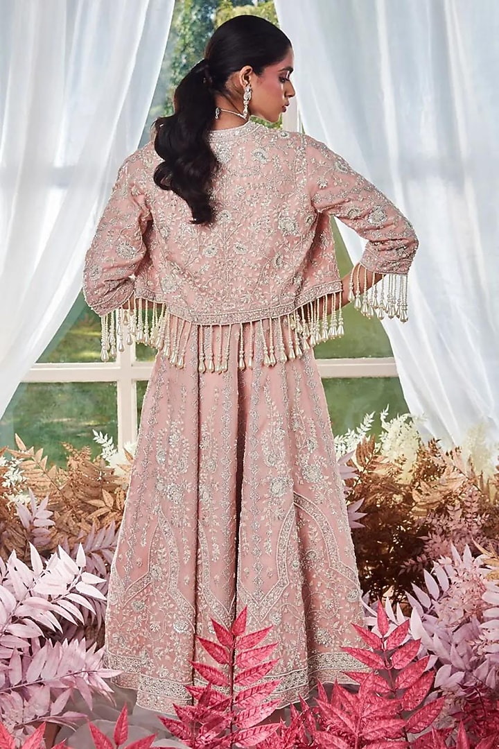 Peach Organza Thread Embroidered Bridal Anarkali WIth Jacket by Devika Bhayana at Pernia's Pop Up Shop
