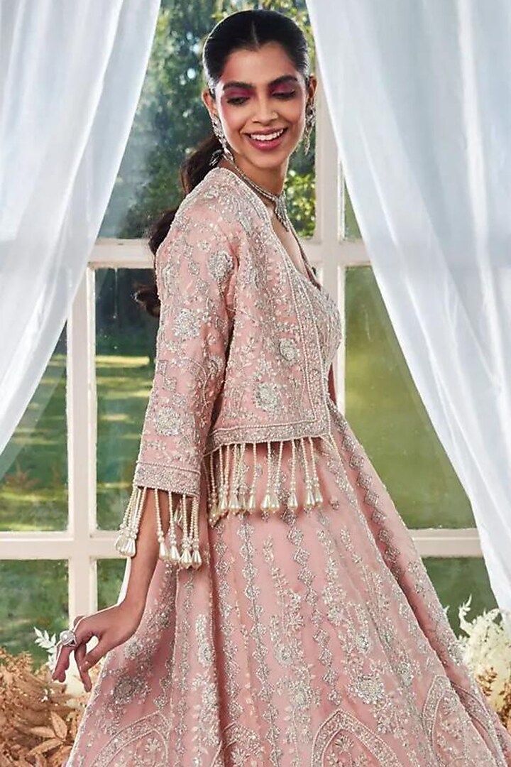 Peach Organza Thread Embroidered Bridal Anarkali WIth Jacket by Devika Bhayana at Pernia's Pop Up Shop