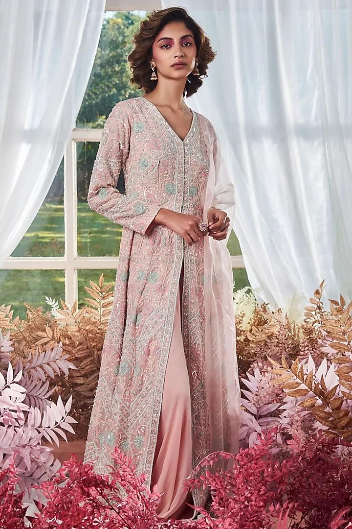 Pink Organza Sequins Thread Embroidered Long Jacket Set by Devika Bhayana at Pernia's Pop Up Shop