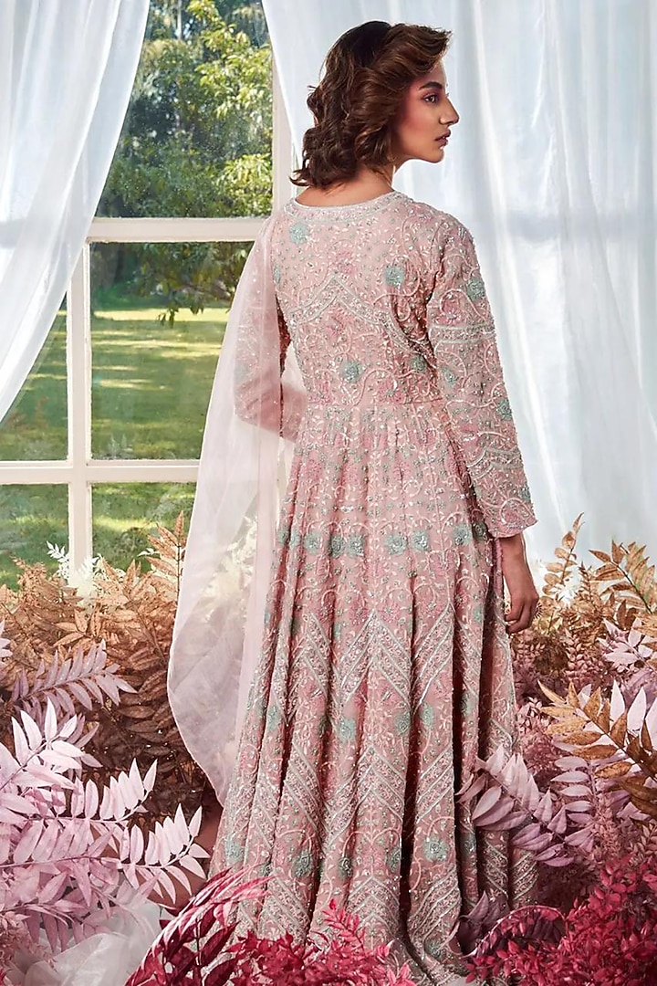Pink Organza Sequins Thread Embroidered Long Jacket Set by Devika Bhayana  at Pernia's Pop Up Shop