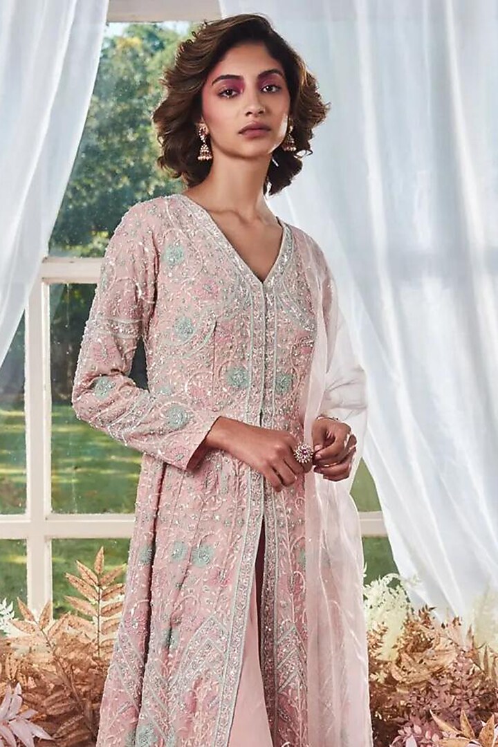Pink Organza Sequins Thread Embroidered Long Jacket Set by Devika Bhayana at Pernia's Pop Up Shop
