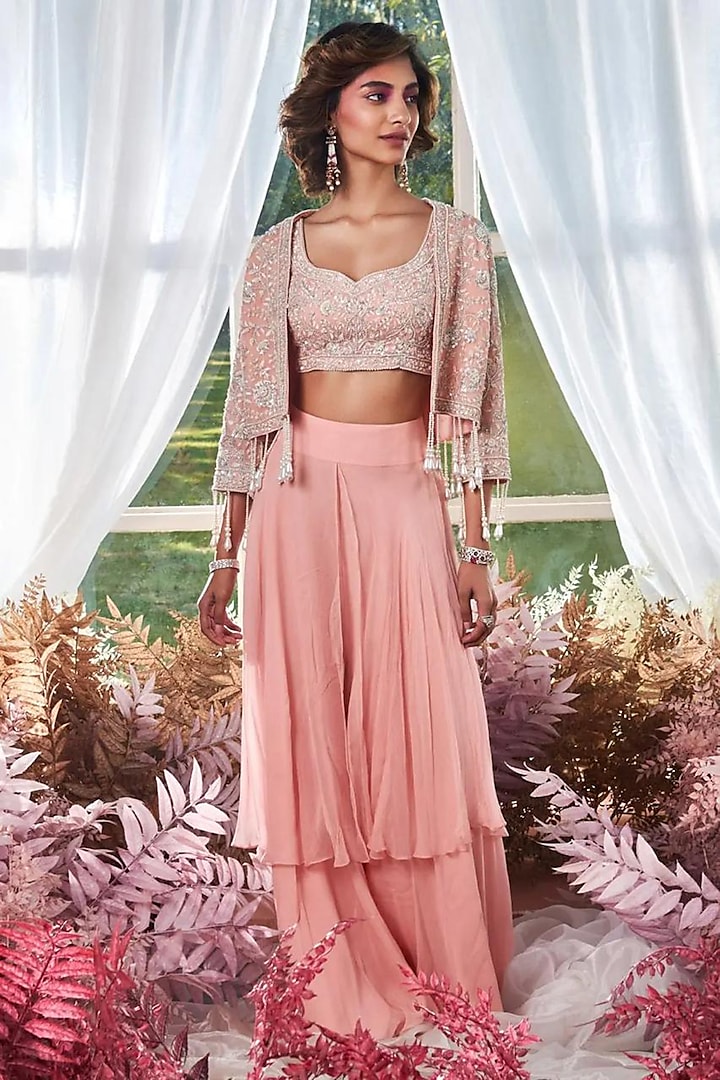 Pink Chiffon Tiered Sharara Set by Devika Bhayana at Pernia's Pop Up Shop