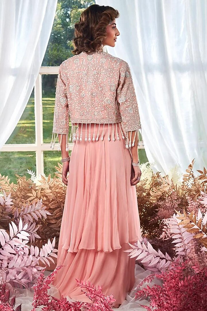 Pink Chiffon Tiered Bridal Sharara Set by Devika Bhayana at Pernia's Pop Up Shop