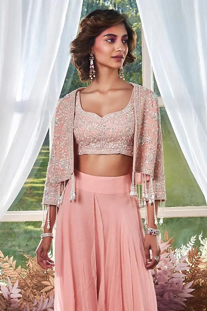 Pink Chiffon Tiered Bridal Sharara Set by Devika Bhayana at Pernia's Pop Up Shop