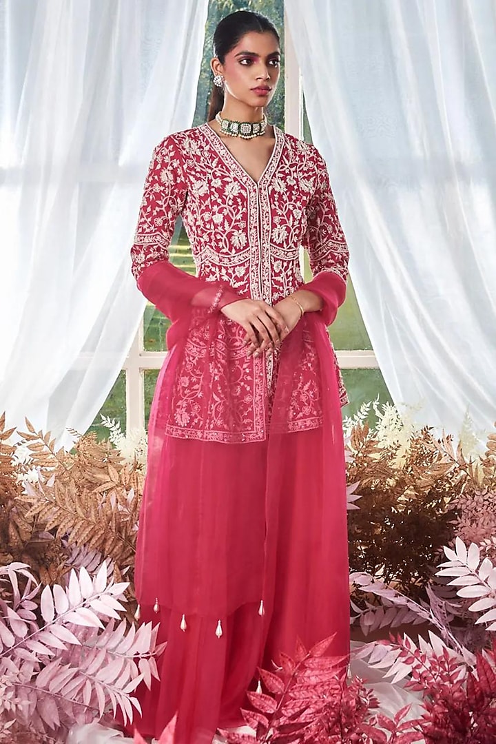 Rani Pink Organza Sharara Set by Devika Bhayana at Pernia's Pop Up Shop