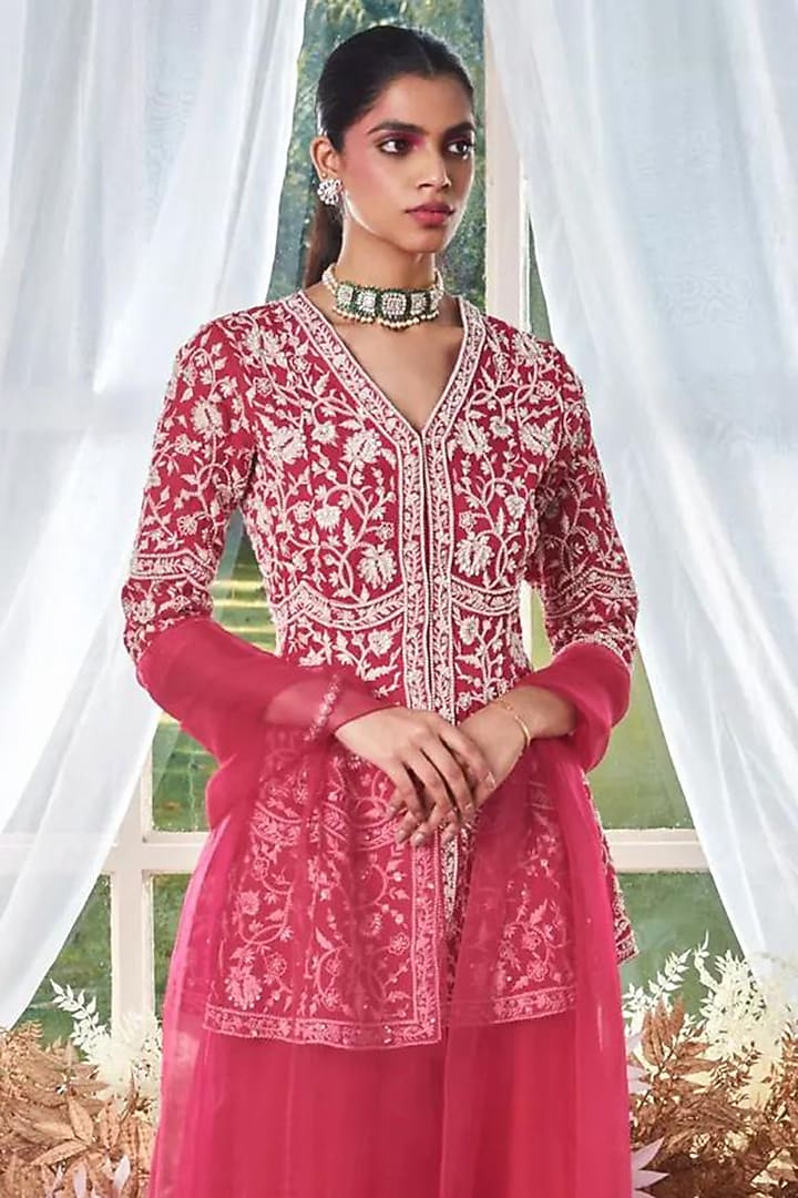 Rani Pink Organza Bridal Sharara Set by Devika Bhayana at Pernia's Pop Up Shop