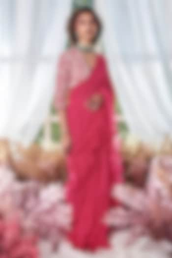 Rani Pink Georgette Pre-Stiched Ruffled Saree Set by Devika Bhayana at Pernia's Pop Up Shop