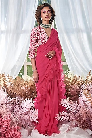 Rani Pink Georgette Pre-Stiched Ruffled Saree Set by Devika Bhayana