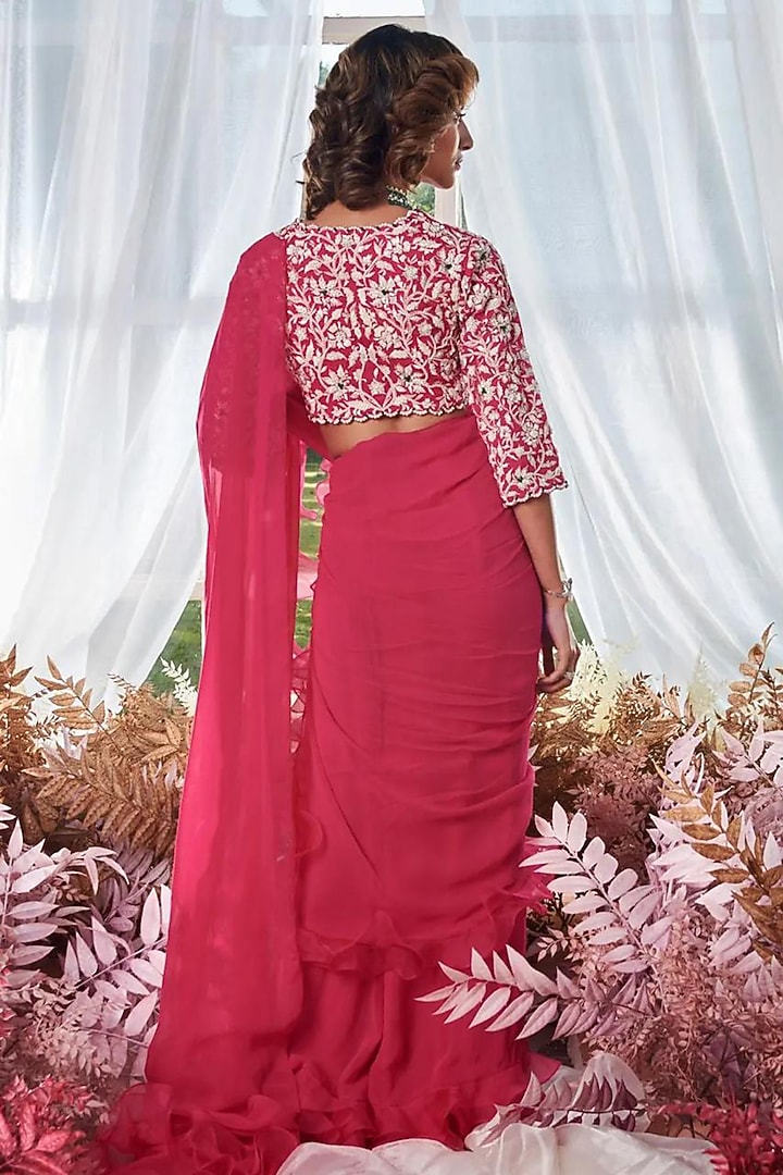 Rani Pink Georgette Pre-Stiched Ruffled Reception Saree Set by Devika Bhayana at Pernia's Pop Up Shop