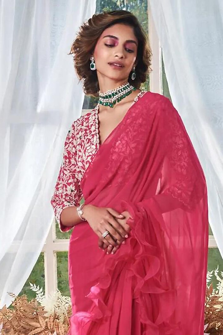 Rani Pink Georgette Pre-Stiched Ruffled Reception Saree Set by Devika Bhayana at Pernia's Pop Up Shop