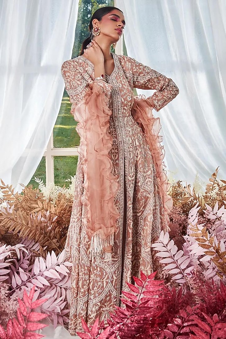 Nude Beige Organza Sequins Thread Embroidered Long Paneled Jacket Set by Devika Bhayana at Pernia's Pop Up Shop