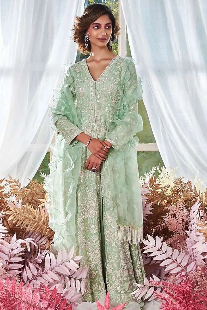 Green Organza Sequins Thread Embroidered Long Jacket Set by Devika Bhayana at Pernia's Pop Up Shop