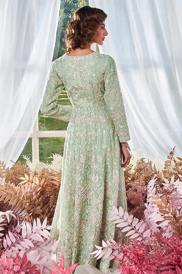 Green Organza Sequins Thread Embroidered Long Jacket Set by Devika Bhayana at Pernia's Pop Up Shop