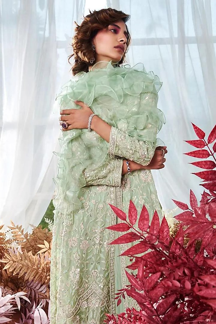 Green Organza Sequins Thread Embroidered Long Jacket Set by Devika Bhayana at Pernia's Pop Up Shop