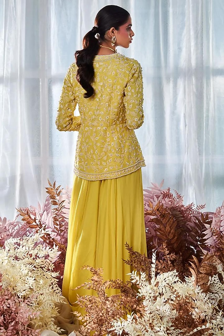 Yellow Chiffon Wedding Sharara Set by Devika Bhayana at Pernia's Pop Up Shop