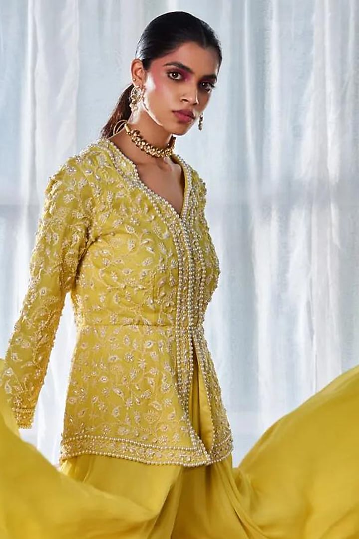 Yellow Chiffon Wedding Sharara Set by Devika Bhayana at Pernia's Pop Up Shop