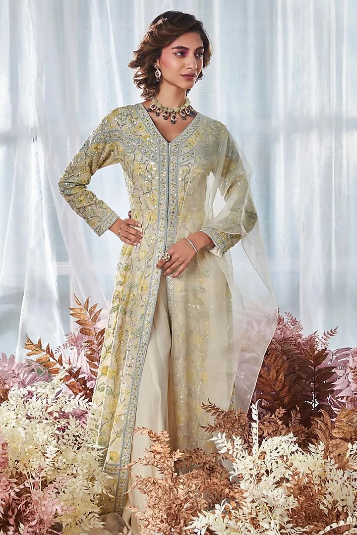 Ivory Organza Sequins Thread Embroidered Long Paneled Jacket Set by Devika Bhayana at Pernia's Pop Up Shop