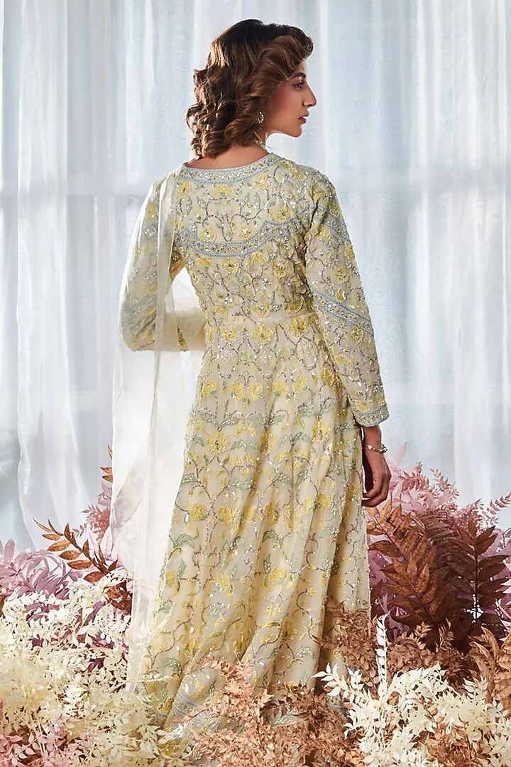 Ivory Organza Sequins Thread Embroidered Long Paneled Jacket Set by Devika Bhayana at Pernia's Pop Up Shop