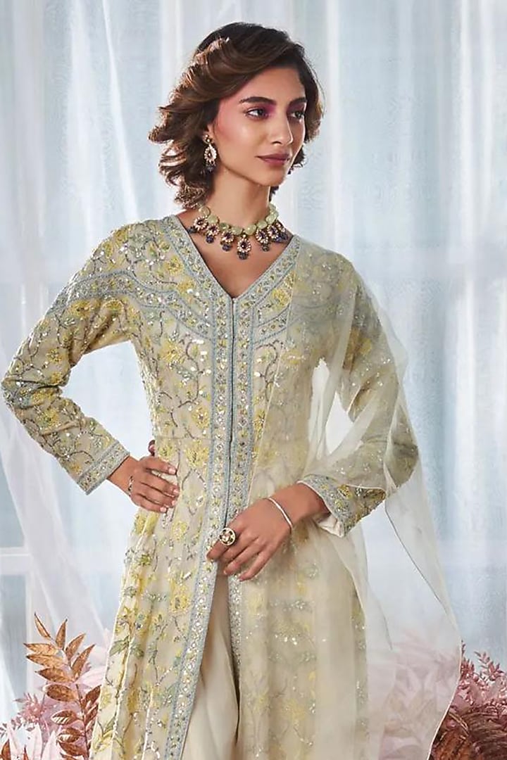 Ivory Organza Sequins Thread Embroidered Long Paneled Jacket Set by Devika Bhayana at Pernia's Pop Up Shop
