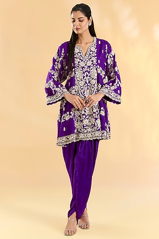 Purple Organza Hand & Machine Embroidered Kurta Set by Devika Bhayana