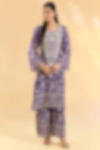 Purple Crepe Hand & Machine Embroidered Kaftan Set by Devika Bhayana at Pernia's Pop Up Shop