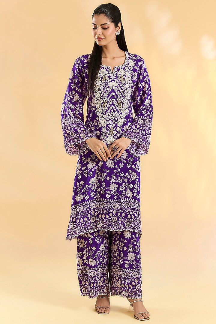 Purple Crepe Hand & Machine Embroidered Kaftan Set by Devika Bhayana at Pernia's Pop Up Shop